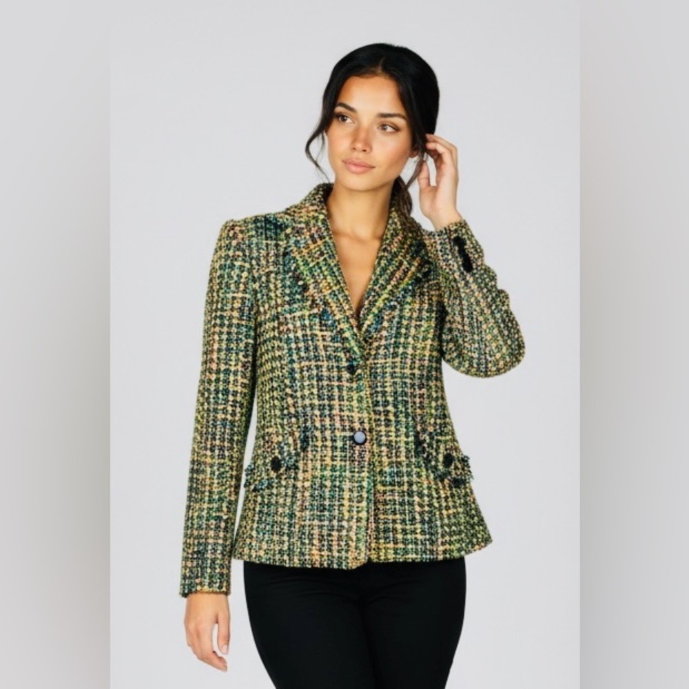 EUC Requirements SZ 8 green/orange/blue multicolored blazer w/2 front pockets